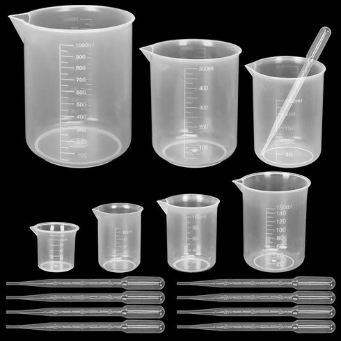 Twdrer 7 Sizes Plastic Beaker Set, Clear Measuring Graduated Liquid Container Beakers with 20 PCS Plastic Droppers