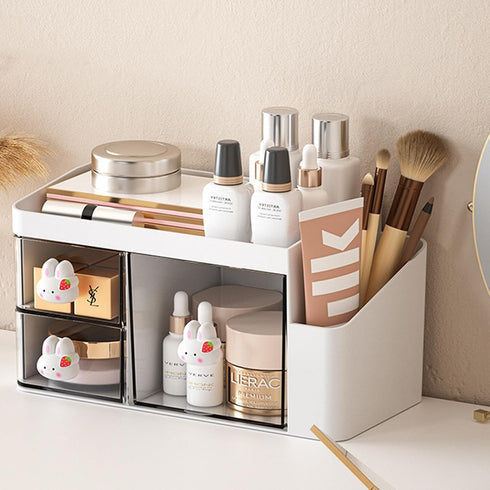 Desk Organizer with Pencil Holder and 3 Drawers, Desktop Stationery Holder for Office, Home, School (Rabbit Handle)
