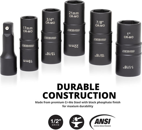 02287B 6-Pc 1/2-Inch-Drive Set, 10 Set, 3-Inch 6-Point, 19 21mm NEIKO Impact Socket SAE & Metric Sizes, Thin Wall Wheel