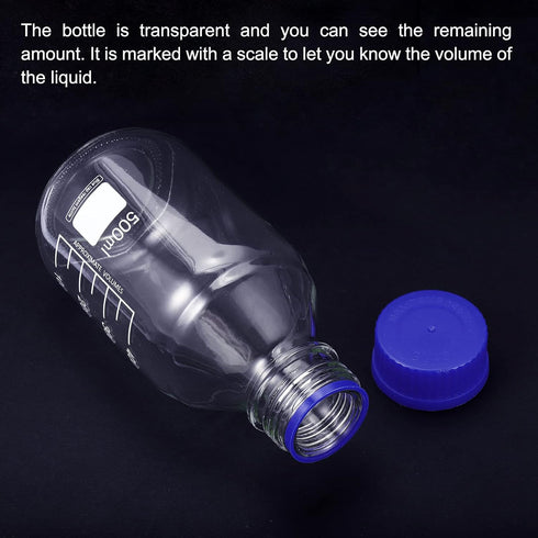 PATIKIL 500mL Round Graduated Glass Reagent Media Bottle with Blue Screw Cap for Chemistry Lab, Clear