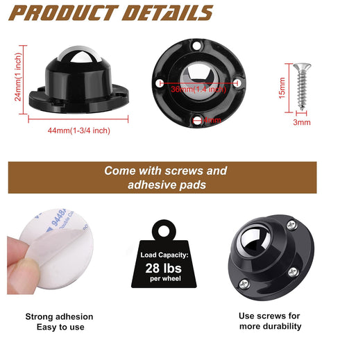 PlusRoc 4 Pack 1 Inch Self Adhesive Paste Caster Wheels for Furniture Bucket, Load Capacity 28LBS Per Wheel, Low Profile Swivel Wheels for Small Appliance Storage Bins