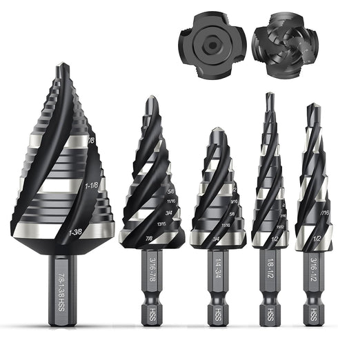 THINKWORK 5 Pcs HSS Four Spiral Flute Step Drill Bit Set (1/8"-1-3/8") with 1/4" and 3/8" Shank