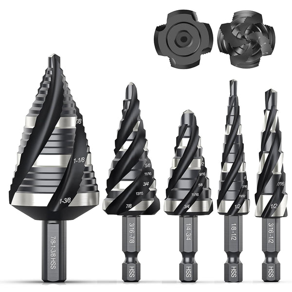 THINKWORK 5 Pcs HSS Four Spiral Flute Step Drill Bit Set (1/8"-1-3/8") with 1/4" and 3/8" Shank