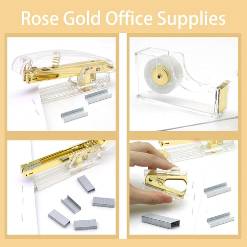 UPIHO Gold Desk Accessories Set - Stapler, Tape Dispenser, Scissors, and Sticky Notes for Office Clerks