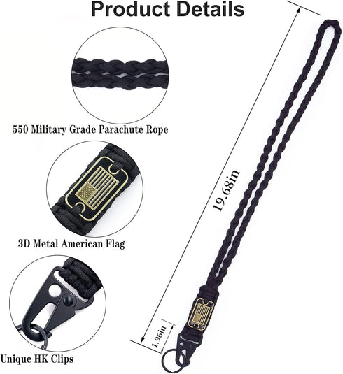 Heavy Duty Braided Paracord Lanyard Keychain with USA Flag, Strong Lanyard with Metal Clip for Outdoor Activities