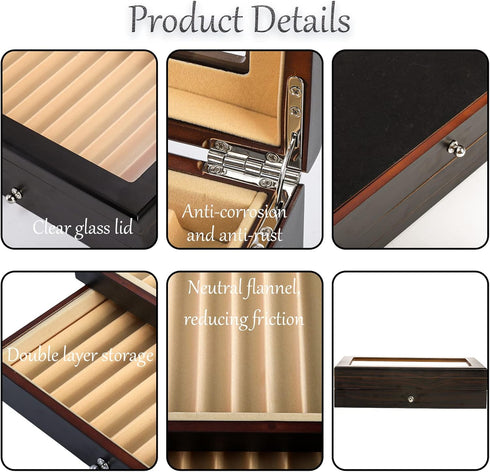 Yesland 2 Layer Ebony Wood Pen Display Box, 23 Slot Fountain Pen Organizer with Clear Glass Window, Luxury Collection