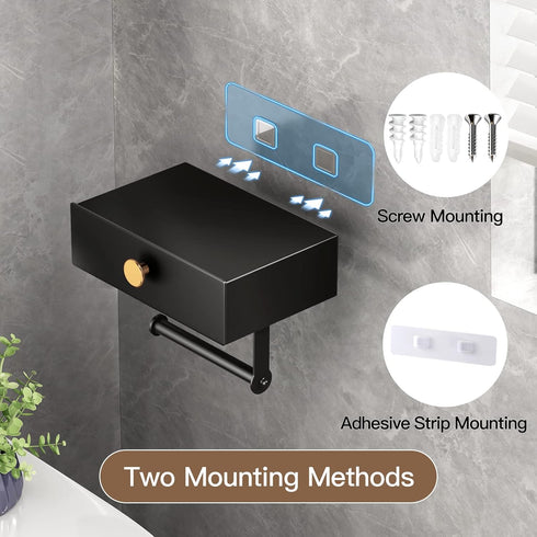 VOLDRA Toilet Paper Holder with Shelf Black Wipes Dispenser for Bathroom Stainless Steel Toilet Paper Holder