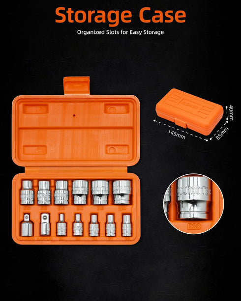 JU JIAN TEC 13-Piece Set 6-Point E4 E20 1/4 3/8 E-Torx Socket with Star Design - to Sizes, & Drive, Hardened CR-V