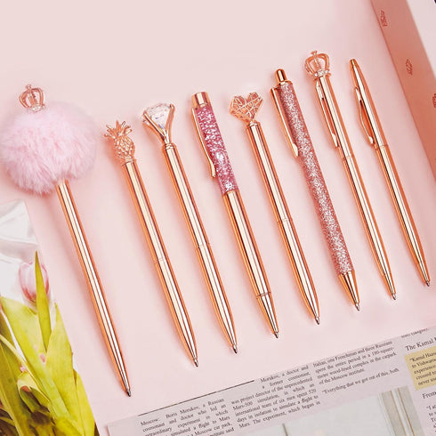 WEMATE 8Pcs Ballpoint Pens Set, Metal Crystal Diamond Pen, Black & Blue Ink, Fancy Pens for Women, Office