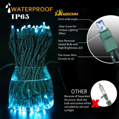 50 Counts 25ft 5mm Commercial IP:65 Aqua LED Christmas Lights - String Lights Outdoor Grade Waterproof, Indoor