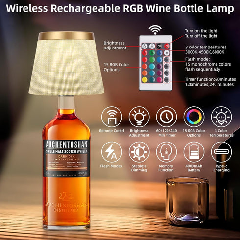 Dimmable 4000mAh Wireless Linen-Covered Bottle Lamp, Wine Bottle Lamps with RGBW Touch Bottle Lights, Rechargeable LED