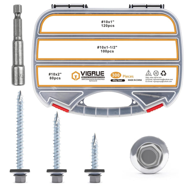 VIGRUE 300PCS Metal Roofing Screws - #10x1", #10x1-1/2", #10x2" Galvanized Hex Head Screws for Metal to Wood