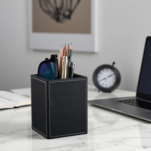 KINGFOM PU Leather Square Pens Pencils Holder - Desktop Organizer Case (Black)