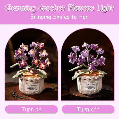 Cozy Forget Me Not Flower Lamp - Purple Crochet Artificial Flowers with Night Light, Cordless Table Lamp, Home Decor