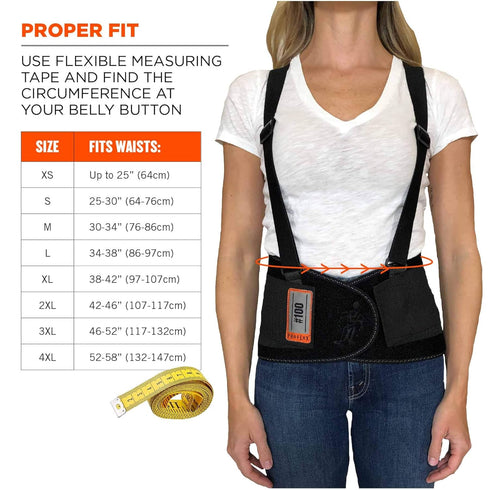 Ergodyne ProFlex Back Support Brace, 8" Spandex Belt, Adjustable, Removable Straps, Small, Black, 100