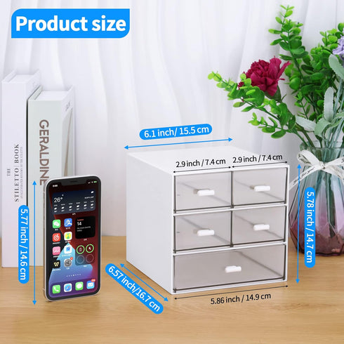 Desk Organizer with 5 Drawers, Rectangular Plastic Storage for Office, School, Home (White & 5 Drawers)