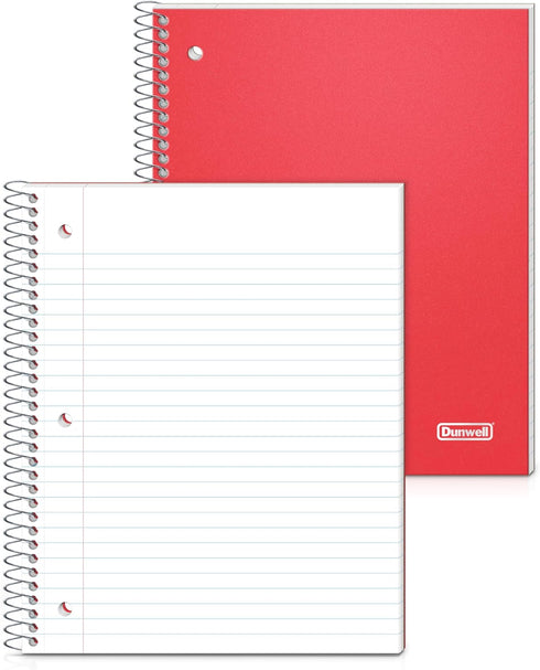 Dunwell Red Spiral Notebook Wide Ruled, 1 Subject Notebook, Plastic Cover, 100 Sheets of 8x10.5 Wide Rule Paper, Perforated Pages, One Subject Notebook for School, with Poly Pocket Folder Divider