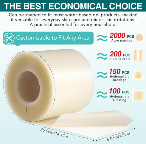 Tiuedu (2IN X11.8FT), Hydrocolloid Roll for Wound Care Medical Grade Self-Adhesive Hydrocolloid Patch Bandages