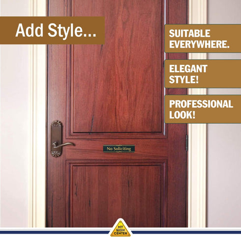No Soliciting Sign, Black/Gold, Engraved, 2" x 8", Fade Resistant, Indoor/Outdoor Use, USA MADE