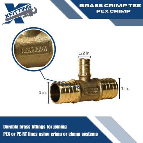 1 inch X 1 inch X 1/2 inch Pex Tee, Pex B Pipe Crimp Fittings, Brass, 10 Pieces