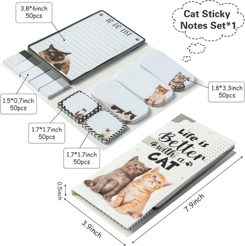 Life Is Better with A Cat Sticky Notes Set, 550 Sheets, Lovely Cat Pattern Self-Stick Notes Pads Kitty Animal Divider Tabs Bundle Writing Memo Pads Back to School Office Supplies Small Gift