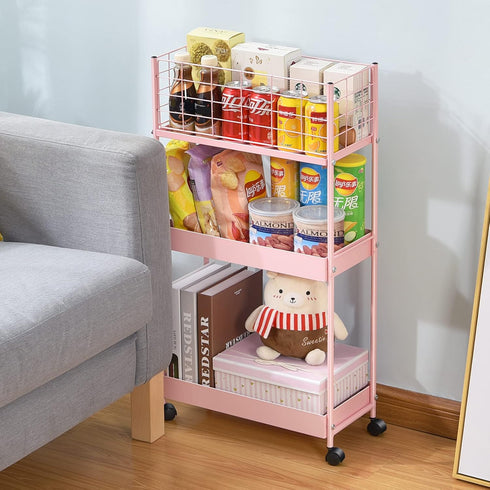 KINGRACK 3-Tier Rolling Utility Cart with Wheels, Metal Slim Storage Organizer for Kitchen, Office, Pink