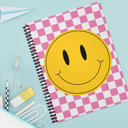 Retro Happy Face Spiral Notebook, 8.5" x 11" Journal, 120 Wide Ruled Pages, Durable Gloss Laminated Softcover Binding