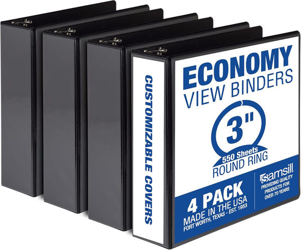 Samsill 3 Inch Economy 3 Ring Binder, Made in the USA, Customizable Clear View Cover, Black, 4 Pack (MP48580)