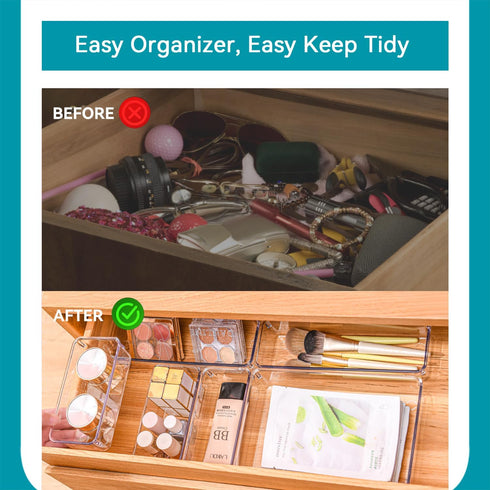 Voova 6 Pack Plastic Drawer Organizers Set - 3-Size Kitchen and Office Desk Drawer Organizer Trays, Clear