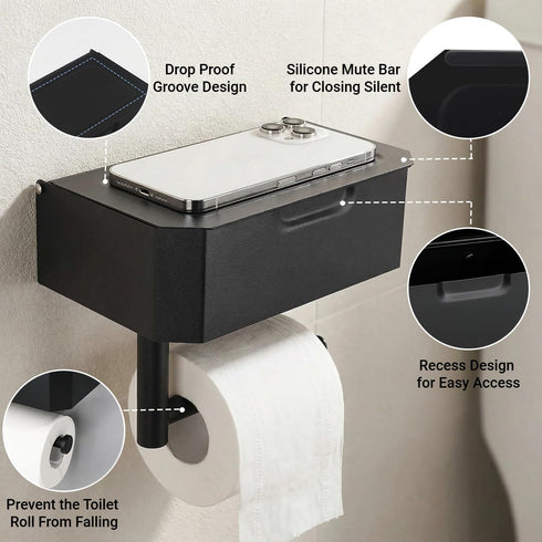 Toilet Paper Holder with Shelf, Flushable Wipes Dispenser for Bathroom Wipe Storage, Stainless Steel Toilet Paper