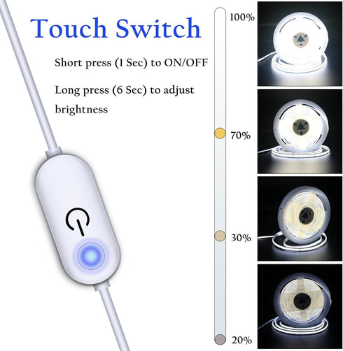 5V 6.56ft/2m 640 Dimmable 6000K 10W 5v Led Strip Lights USB LEDs Touch stepless USB COB LED Strip Light White Flexible