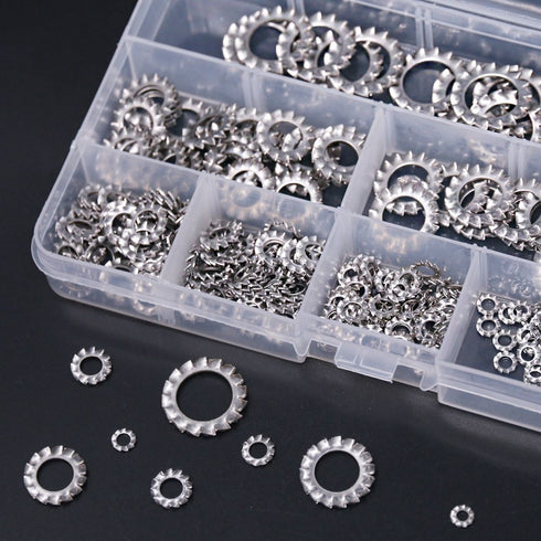 Hilitchi 300-Pcs Assortment Kit of 304 Stainless Steel External Tooth Star Lock Washers - M2.5 M3 M4 M5 M6 M8 M10 M12