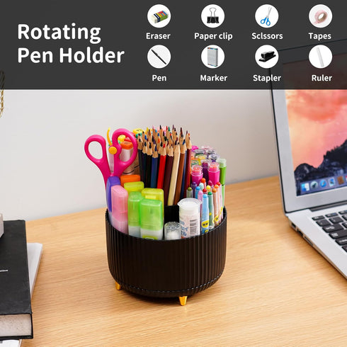 Marbrasse Desk Organizer, 360-Degree Rotating Pen Holder with 5 Compartments for Office, Home, Black