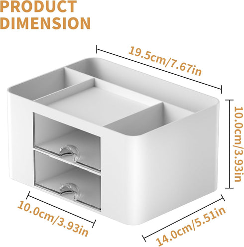 Marbrasse Multi-Functional Pen Organizer with 2 Drawers, 5 Compartments for Desk, Office Art Supplies (White)