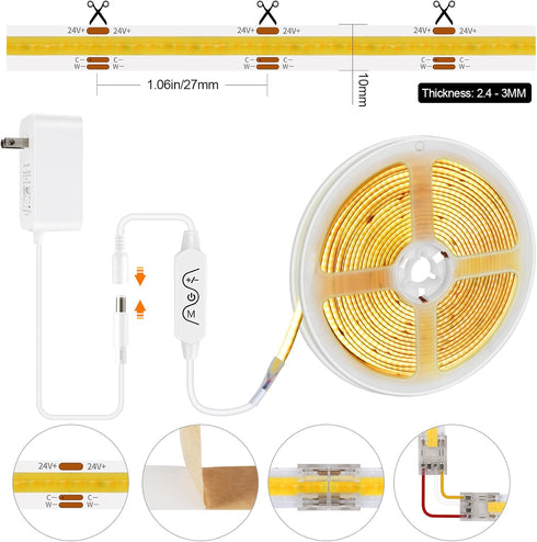 Wefomey 2700K-6500K, 16.4ft 24V 3200LEDs COB LED Strip Light Warm White to Cool Bright White COB Light Strip
