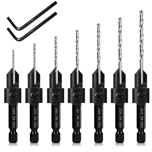 7 Pack Countersink Drill Bits Set, Wood Drill 3in1 with Adjustable Counterbore Cutting Depth and 2 Allen Wrenches