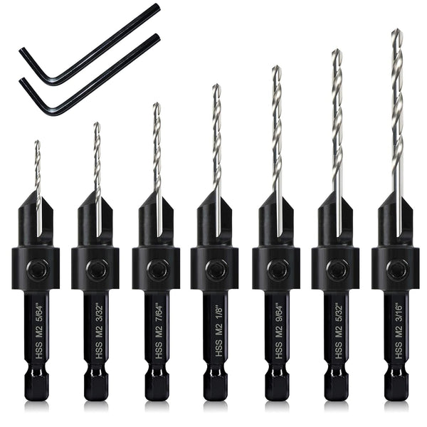 7 Pack Countersink Drill Bits Set, Wood Drill 3in1 with Adjustable Counterbore Cutting Depth and 2 Allen Wrenches