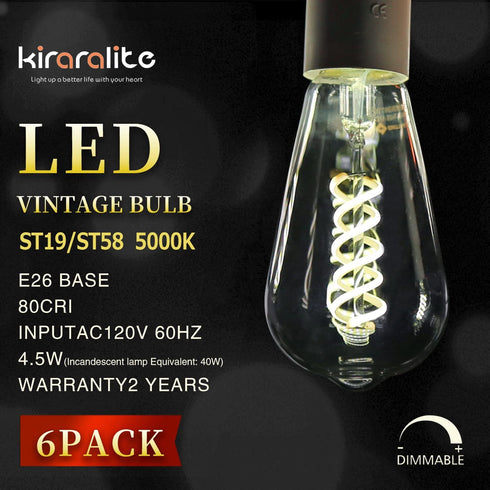 ST19(ST58) LED Smoky Grey Glass Edison Bulb, Vintage, 6 Pack, Daylight 5000K, Antique Flexible Spiral LED Filament Light Bulb, Dimmable, 300LM, 4.5W Equivalent to 40W, E26 Base by Kiraralite