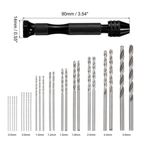 uxcell 26pcs Pin Vise Hand Drill Bit Set, 0.5mm-3.0mm Micro Mini Twist Drill Bits Set 25pcs, Precision Pin Vise Rotary Tools Black, for Metal Wood Plastic PCB Model DIY Making