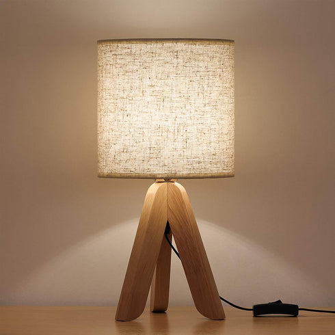HAITRAL Small Bedside Table Lamp - Wooden Tripod Nightstand Lamp for Bedroom,
