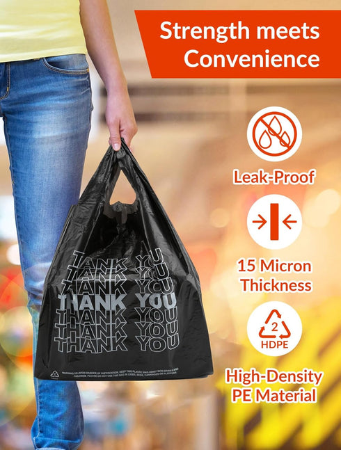 500 Count 12" 6" 22", 15 UMT Plastar Thank You Plastic Bags, x x Mic Black T Shirt Grocery Bags with Handles, Ideal
