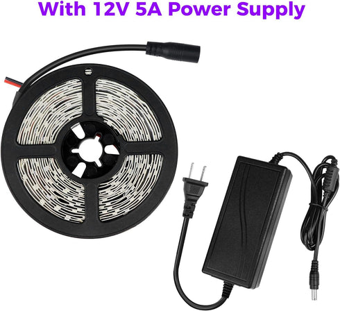 YGS-Tech 60 Watts Super Bright UV Black Light LED Strip, 16.4FT/5M, 300 LEDs, 395nm-405nm, Non-Waterproof with Power