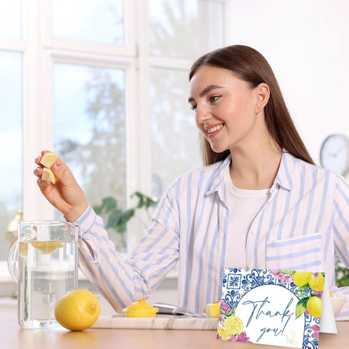 50 Summer 4 6 Inch Whaline Pcs Mediterranean Lemon Thank You Cards Boxed Blue Tile Flower Greeting Card with Envelope
