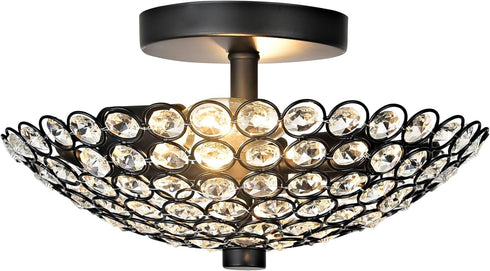 Semi Flush Mount Ceiling Light, Clear Crystal Glass Beads Bowl Shade Lighting