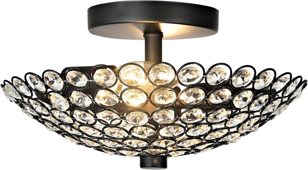 Semi Flush Mount Ceiling Light, Clear Crystal Glass Beads Bowl Shade Lighting