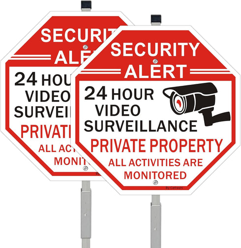 2 Pack Security Sign, Private Property Video Surveillance Sign, with 36" Metal