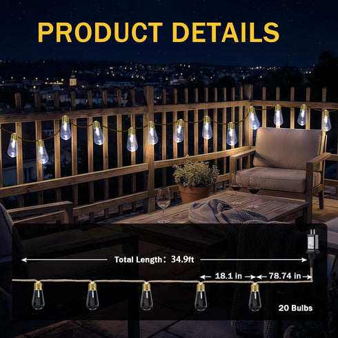 24FT 8 Bulb (New) Outdoor String Lights, Hemp Rope LED Patio Lights, Waterproof Modes Plug-in Edison Lights