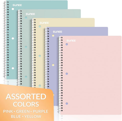 SUNEE 5 Pack Spiral Notebooks, 1-Subject, College Ruled Paper, 8" x 10-1/2", 70 Sheets per Notebook, Pink, Purple,