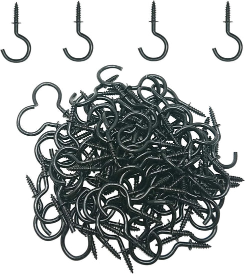 Goiio 100 Pieces 1/2 inch Ceiling Hooks, Black Zinc Plated Metal Screw-in Cup Hooks for Hanging