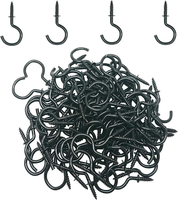 Goiio 100 Pieces 1/2 inch Ceiling Hooks, Black Zinc Plated Metal Screw-in Cup Hooks for Hanging
